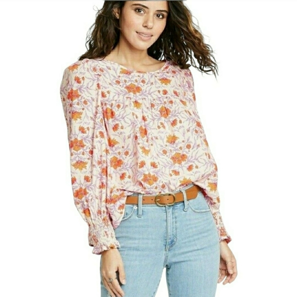 Universal Thread Shirt Ivory Floral Long Sleeve Boho Peasant Top Medium